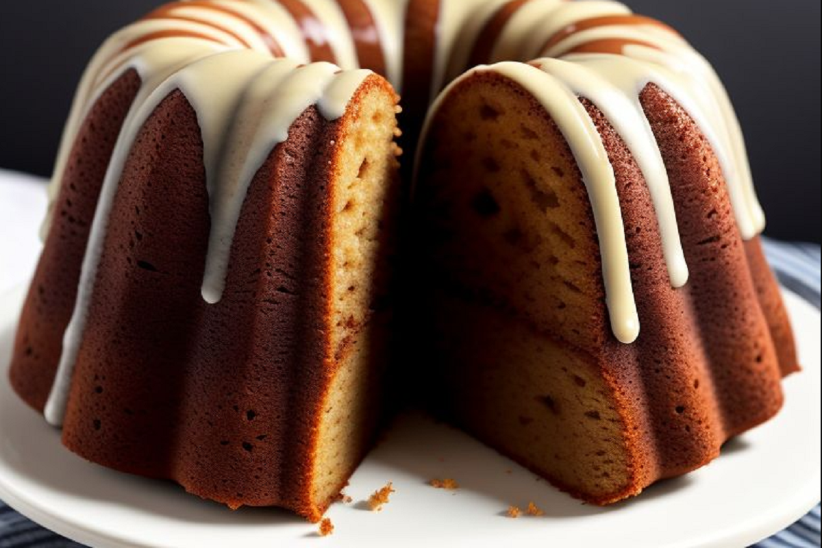 A freshly baked Bundt cake cooling on a wire rack.