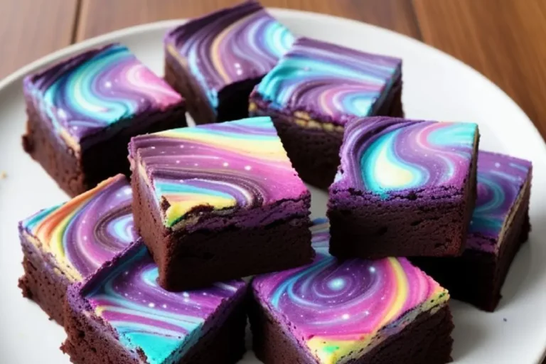 Decadent Galaxy Brownies with swirls of cosmic colors on a dark background.