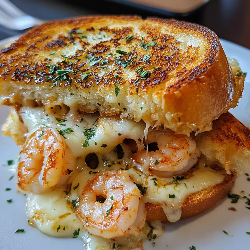 Cheesy Garlic Bread Shrimp Grilled Cheese Sandwich

