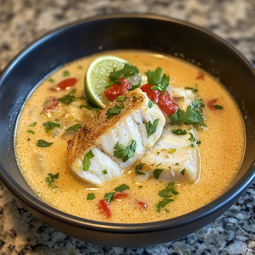 Coconut Lime Fish Soup in a white bowl garnished with fresh herbs