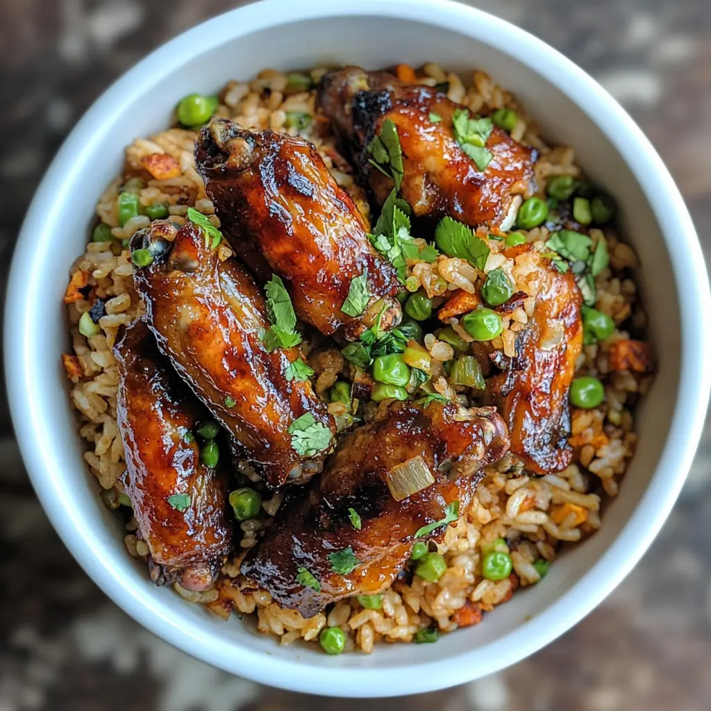 Sticky wings and savory fried rice on a plate