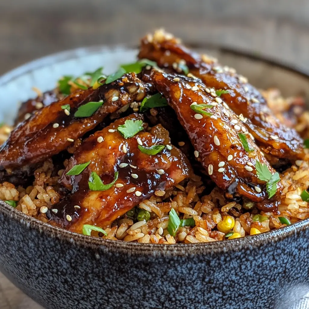 Sticky wings and savory fried rice on a plate