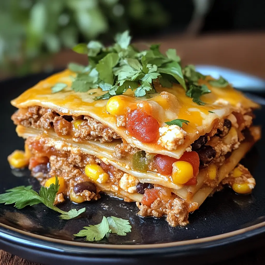 Mexican Taco Lasagna served with fresh toppings

