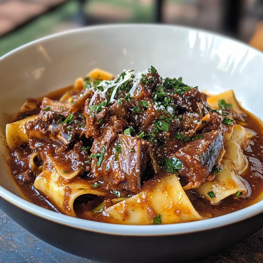 Short Ribs Ragu with Pappardelle served on a plate

