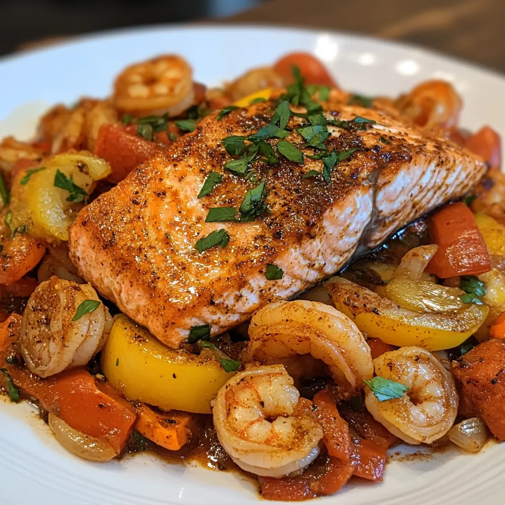 Spicy Cajun Salmon and Shrimp Dish

