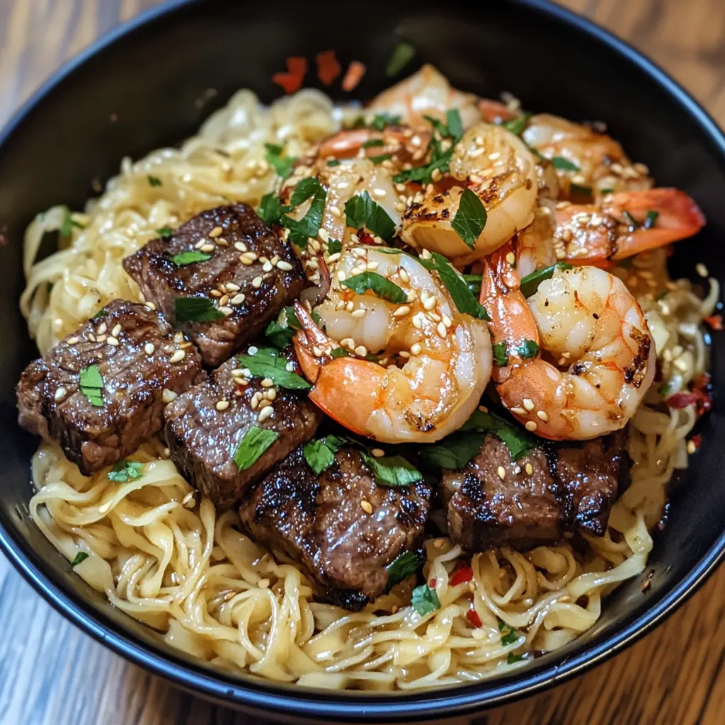 Steak and Shrimp Noodles with Vegetables