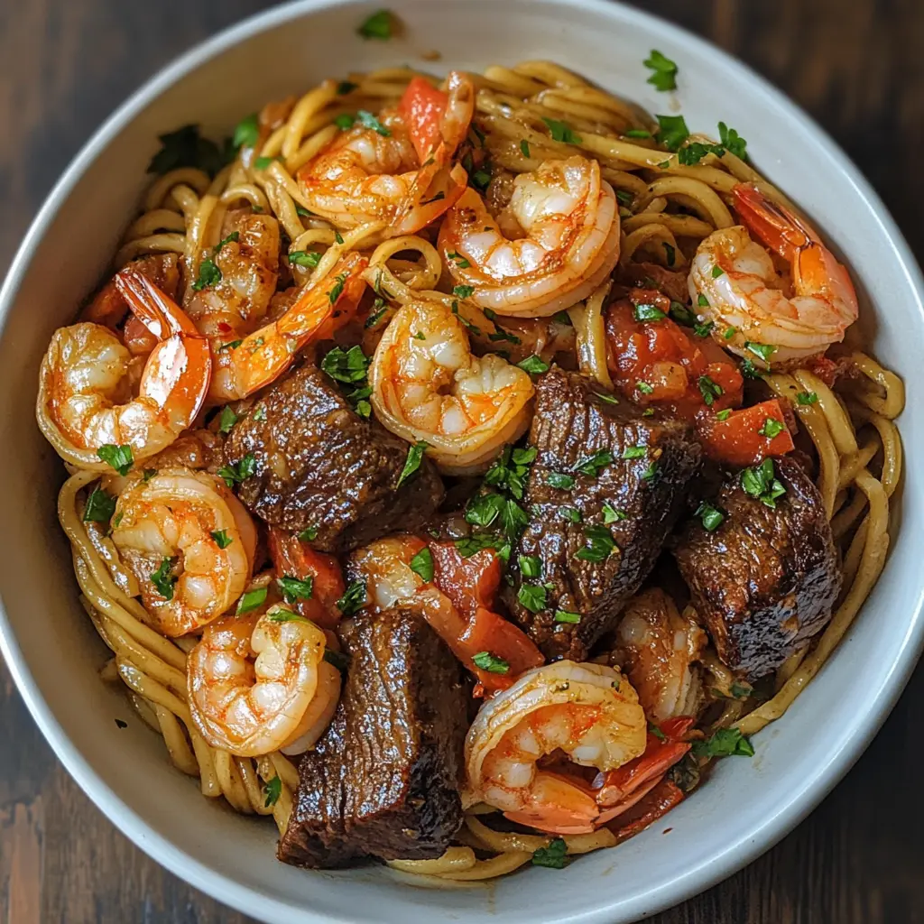 Steak and Shrimp Noodles with Vegetables