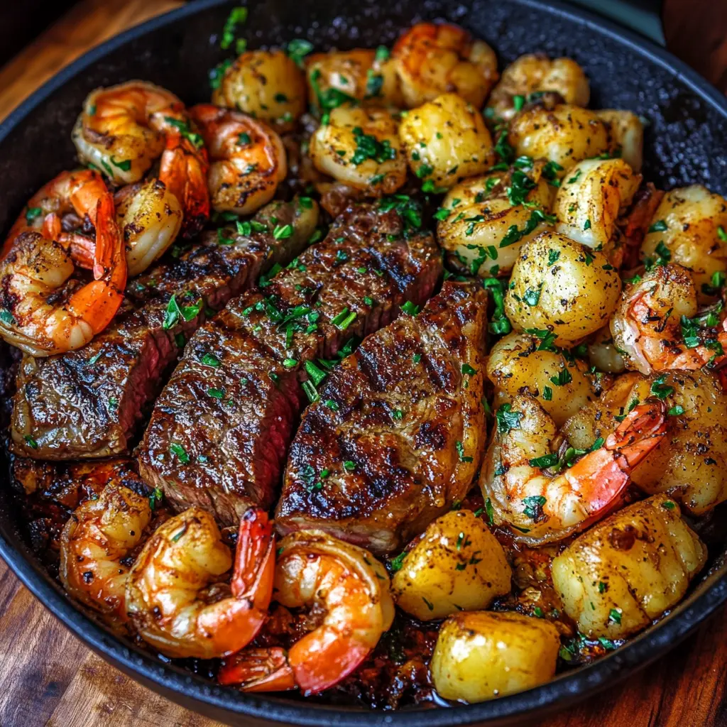 Steak and Shrimp Skillet in garlic butter sauce