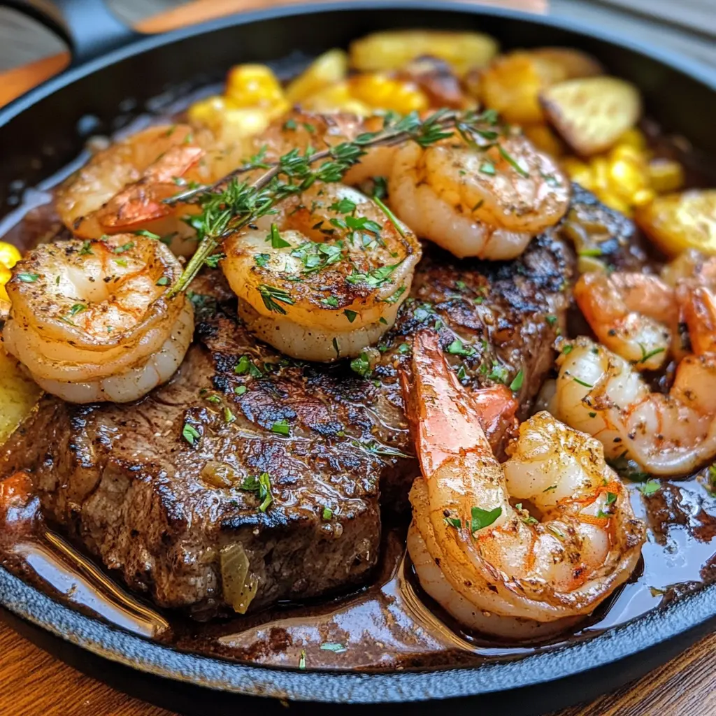 Steak and Shrimp Skillet in garlic butter sauce