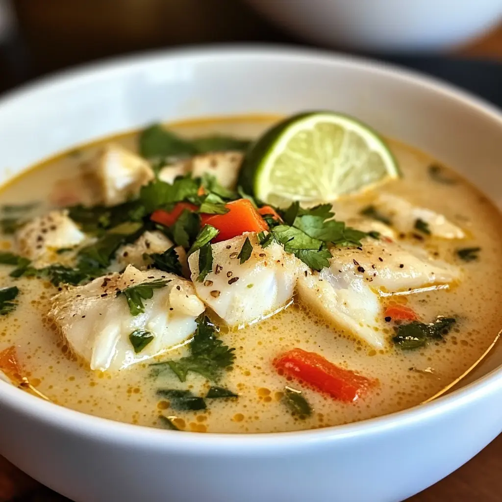 Coconut Lime Fish Soup in a white bowl garnished with fresh herbs