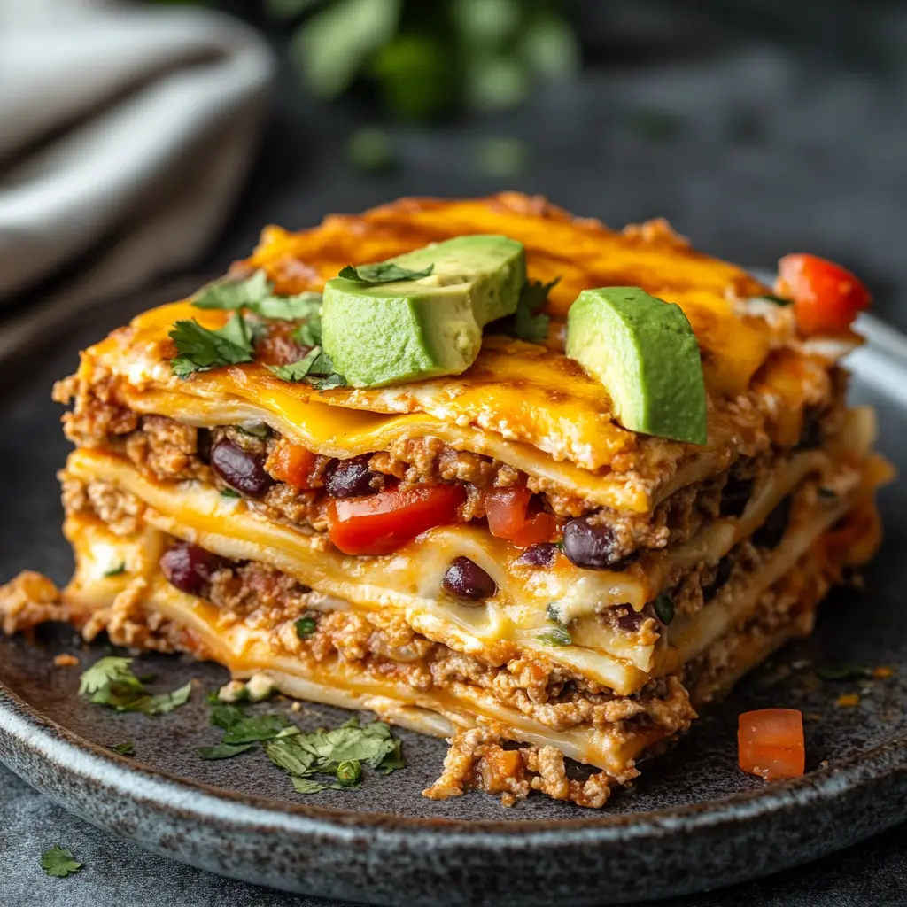 Mexican Taco Lasagna served with fresh toppings