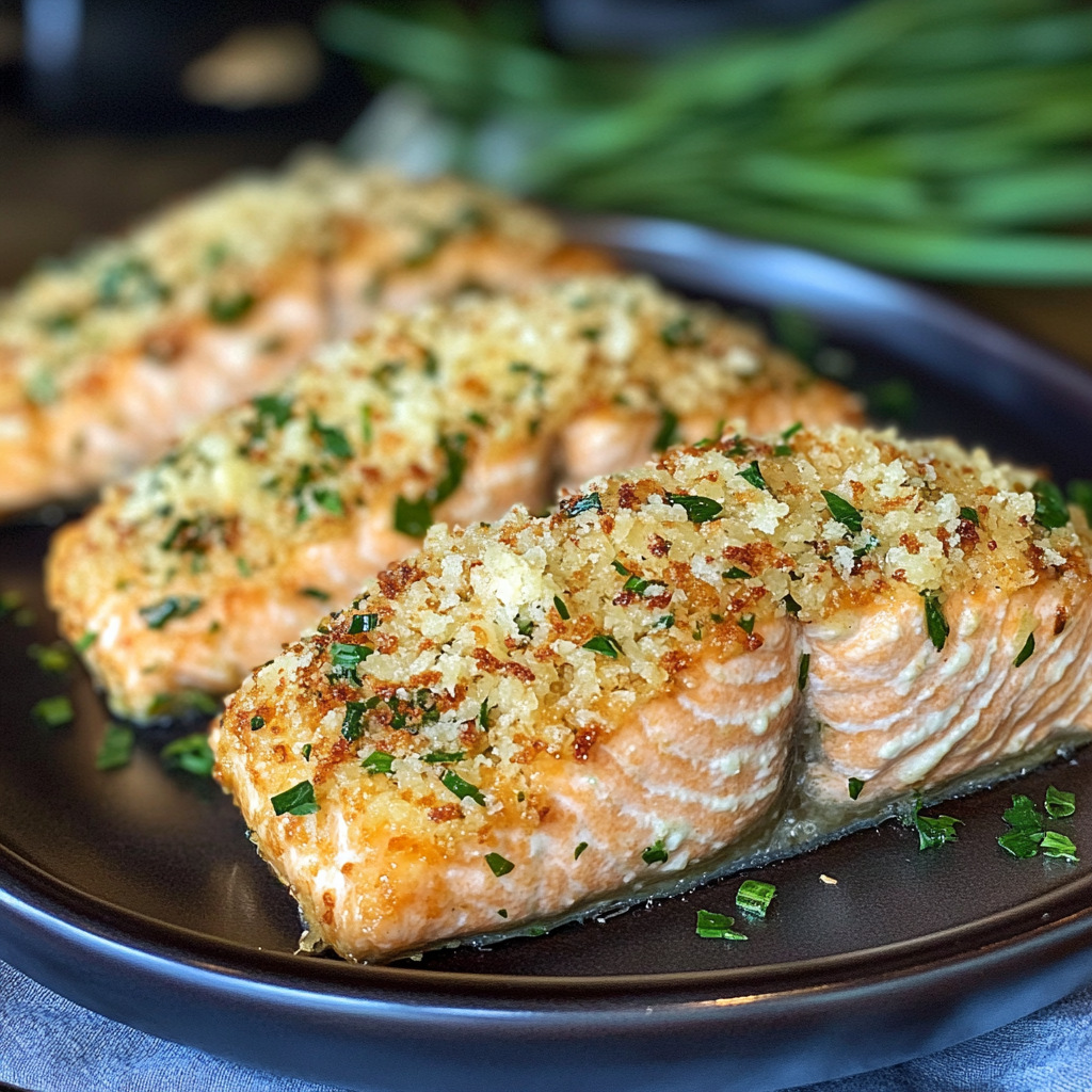 Garlic Parmesan Crusted Salmon on a plate with herbs and lemon wedges.