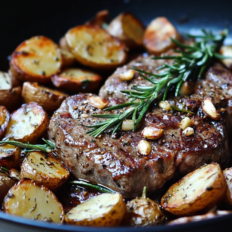 Rosemary Garlic Roasted Steak with golden potatoes on a serving plate