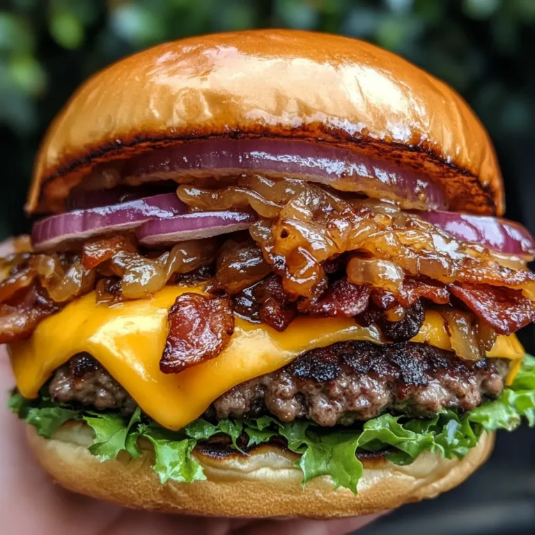 Caramelized Onion Bacon Cheeseburger with melted cheese, crispy bacon, and a side of golden fries.