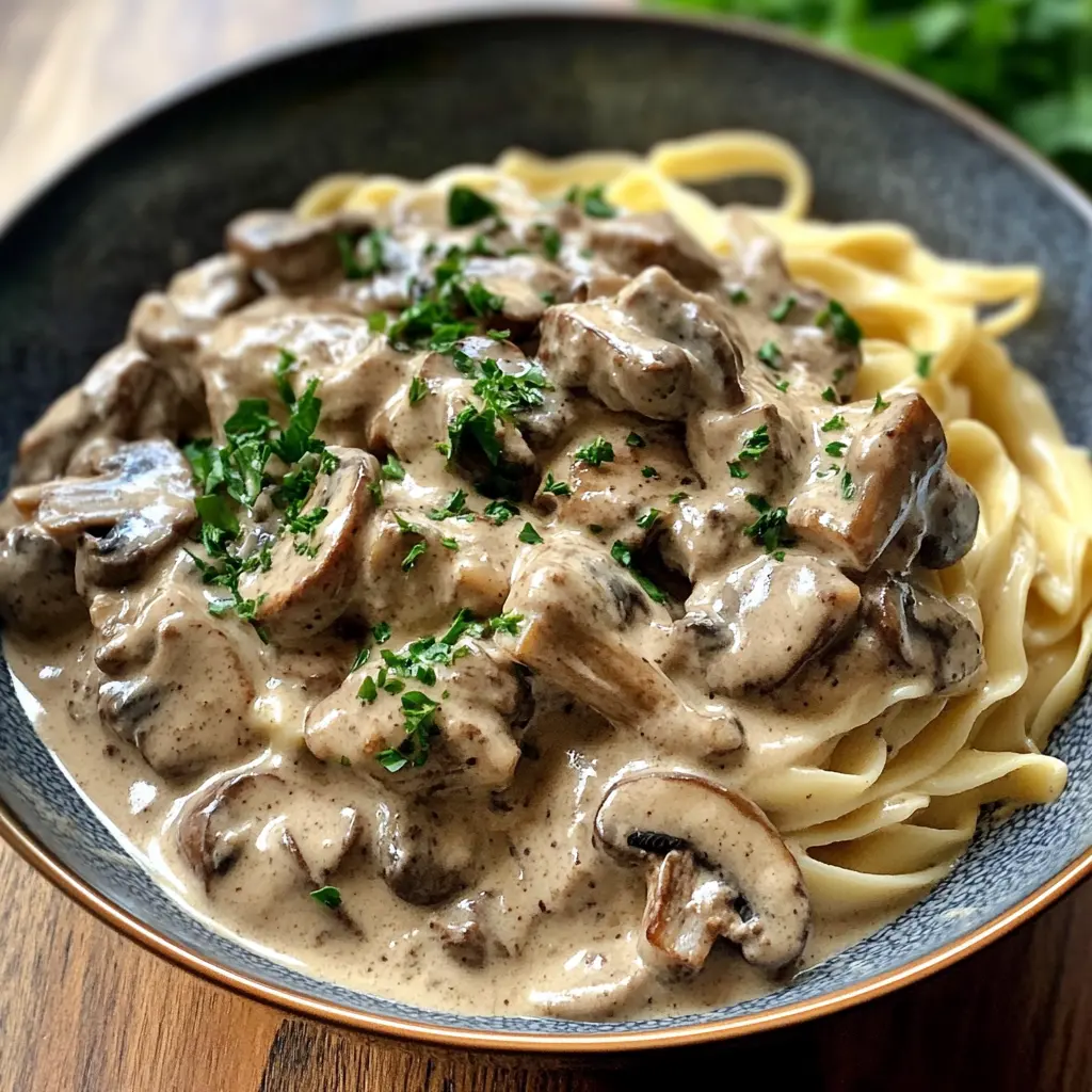 Beef and Mushroom Stroganoff served with noodles