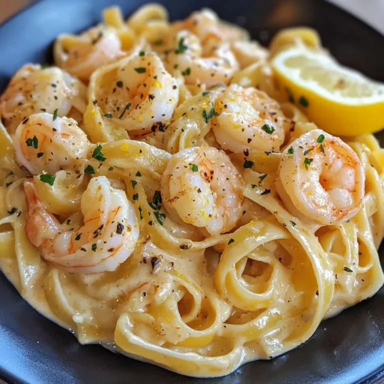 Creamy Lemon Shrimp Fettuccine with fresh parsley garnish on a plate