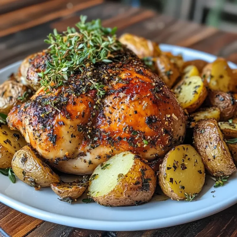 Herb-Crusted Roast Chicken with Garlic Potatoes served on a platter with fresh herbs and lemon wedges.