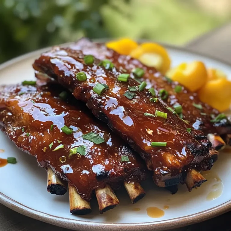 Honey BBQ glazed ribs with a sticky, sweet glaze, garnished with chopped parsley and served with coleslaw.