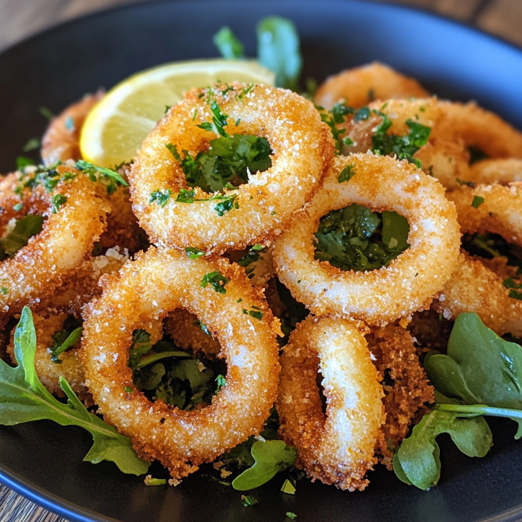 Golden Lemon Garlic Calamari Rings served with lemon wedges and a side of garlic dipping sauce.