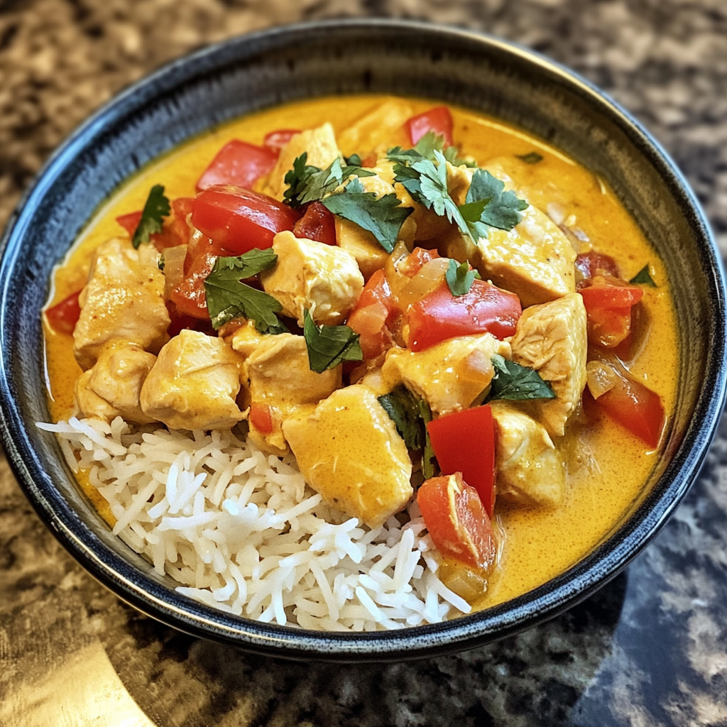 Tropical Coconut Chicken Curry served in a bowl with fresh cilantro and lime.