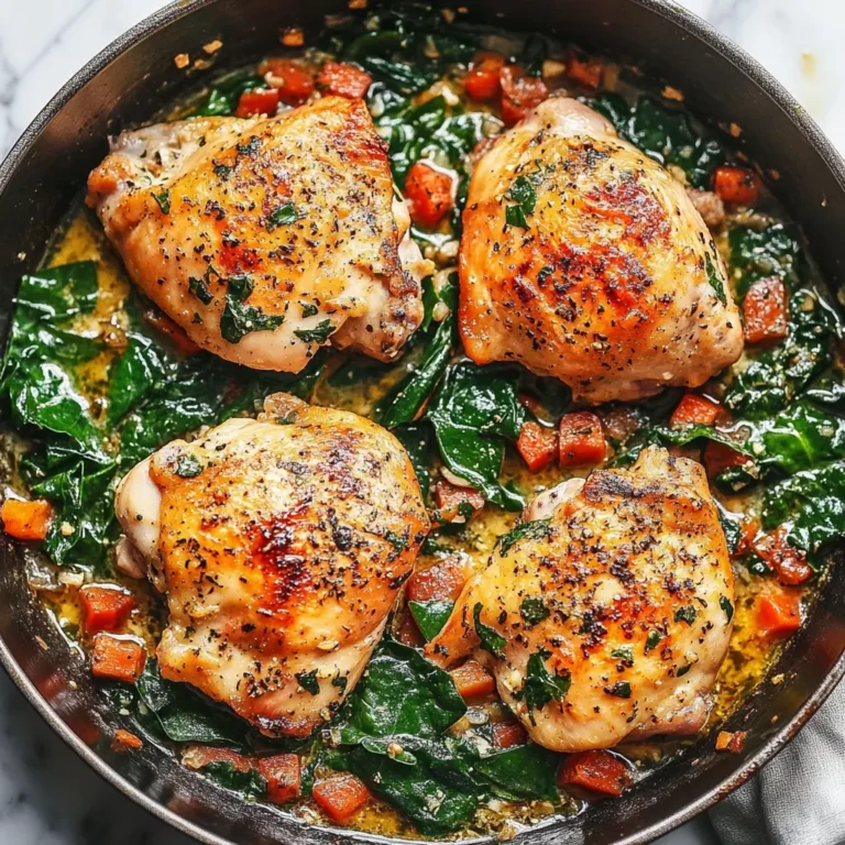 Tender Tuscan garlic chicken with fresh spinach in a creamy Parmesan sauce.