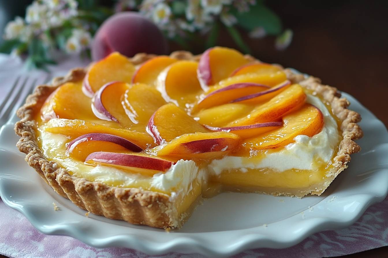 "Peaches and cream pie slice on a plate