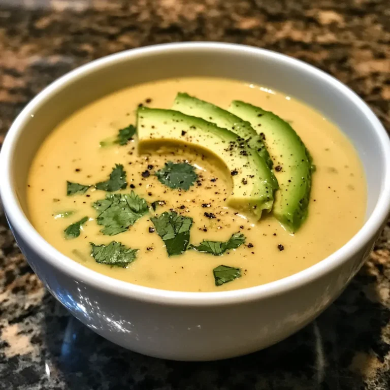 Bowl of creamy coconut lime soup with avocado slices and cilantro garnish