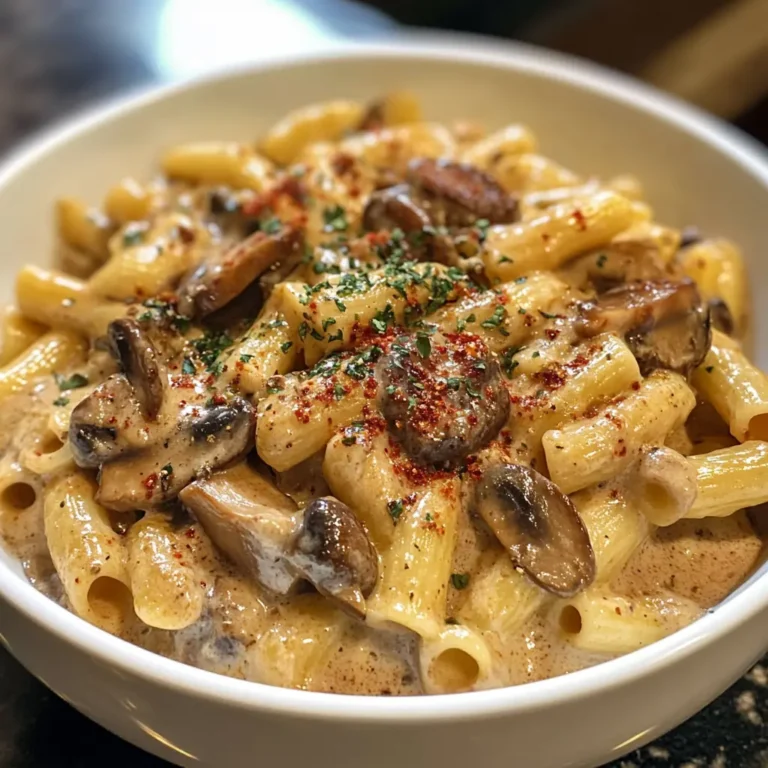 Creamy beef and mushroom macaroni served in a bowl, topped with parsley and melted cheese.