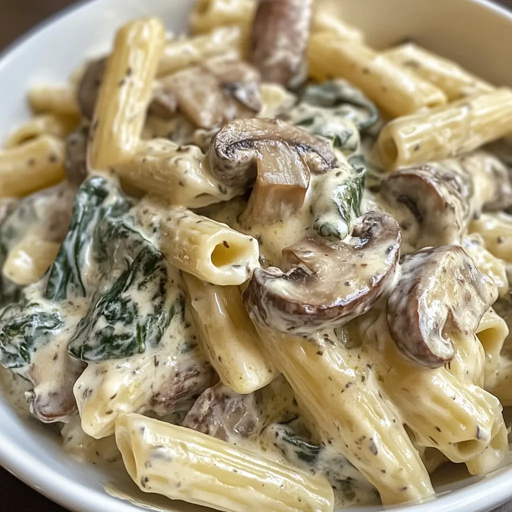 Creamy spinach and mushroom pasta in a bowl with Parmesan garnish