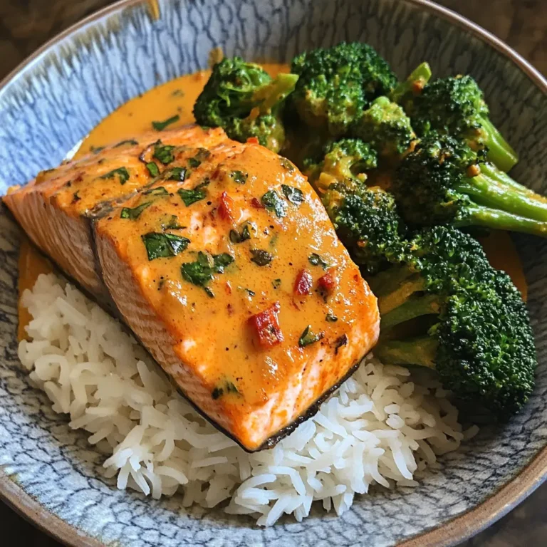 A delicious plate of coconut curry salmon served with steamed broccoli and garnished with cilantro.