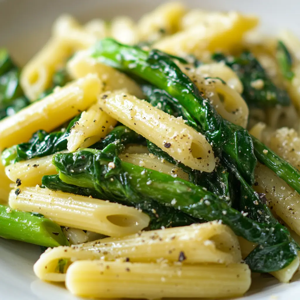 A bowl of pasta with spinach and asparagus garnished with Parmesan cheese and lemon zest.